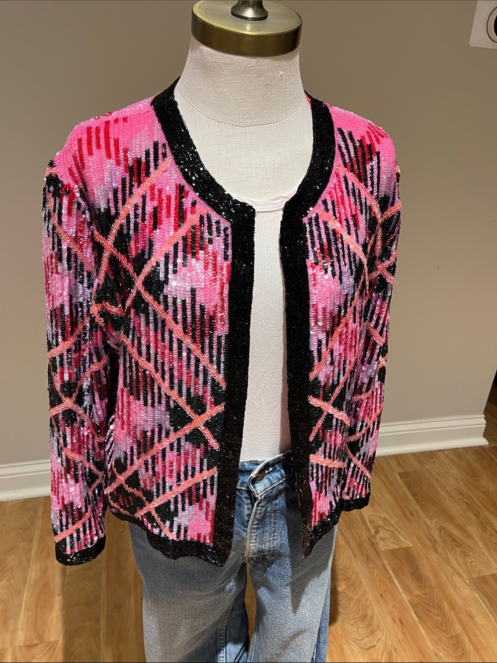 Vintage Niteline Della Roufogali black purple  Pink Sequin jacket fits S-L